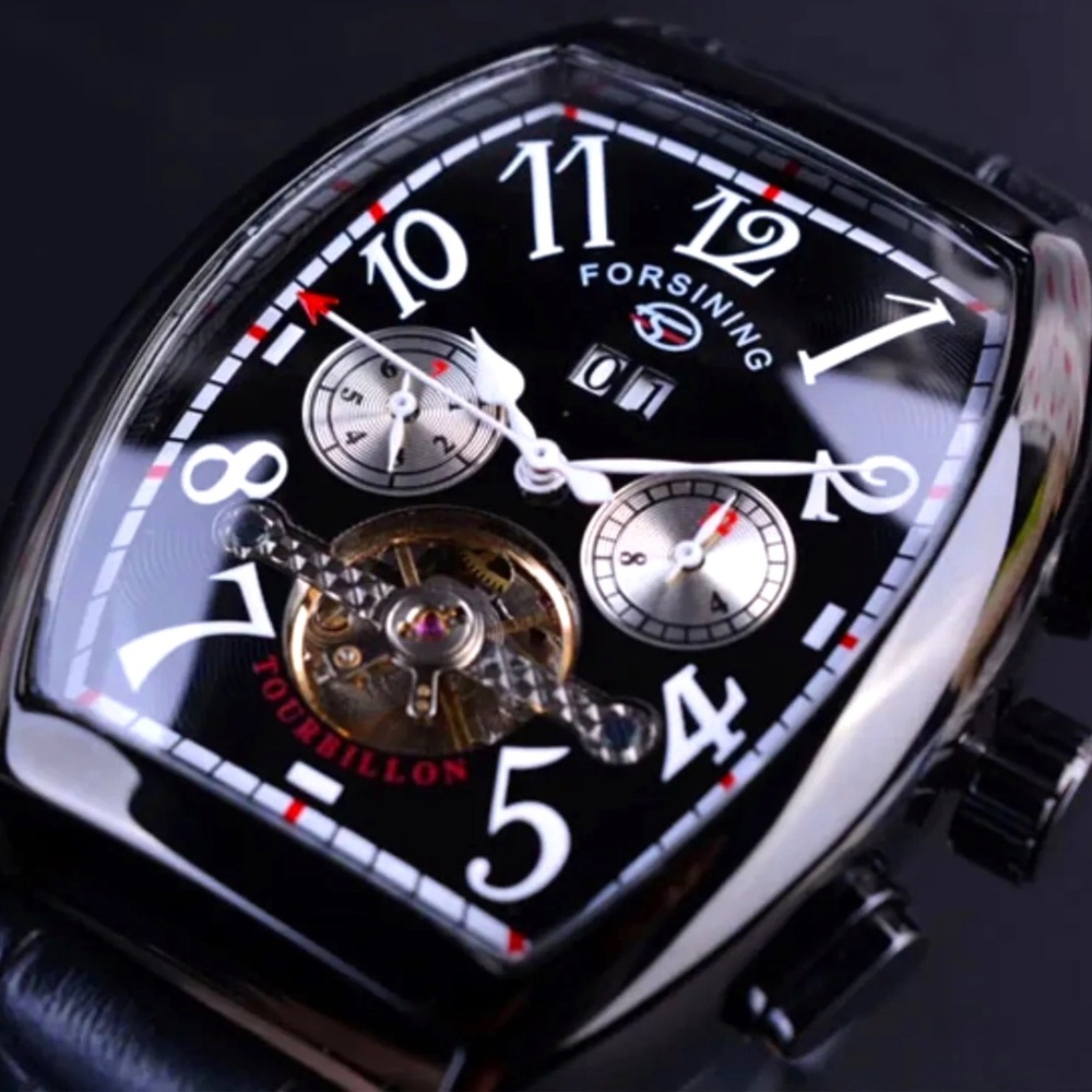 Forsining Automatic Watch Men Sport Tonneau Shaped Leather Waterproof  Date